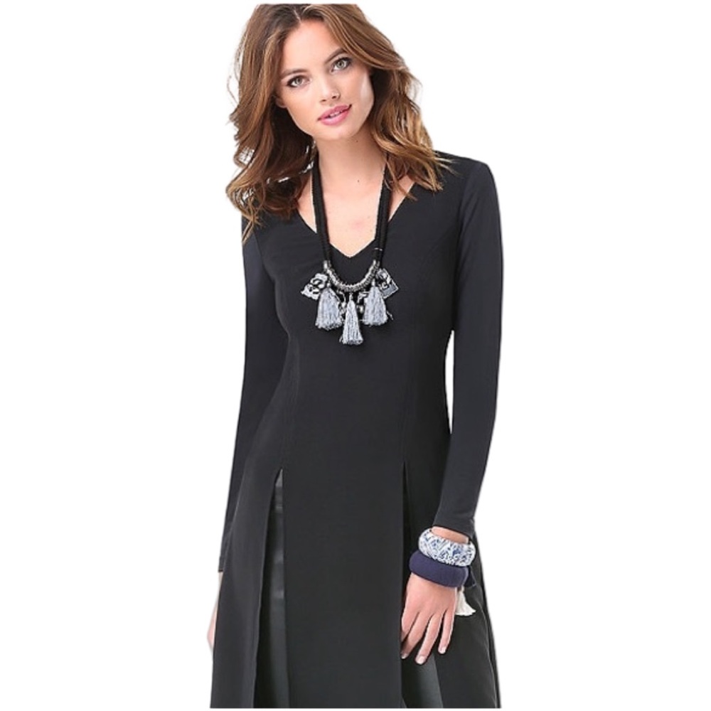 Bebe Double Slit Long Sleeve Black Midi Tunic Whimsigoth Cocktail Party NWT  L